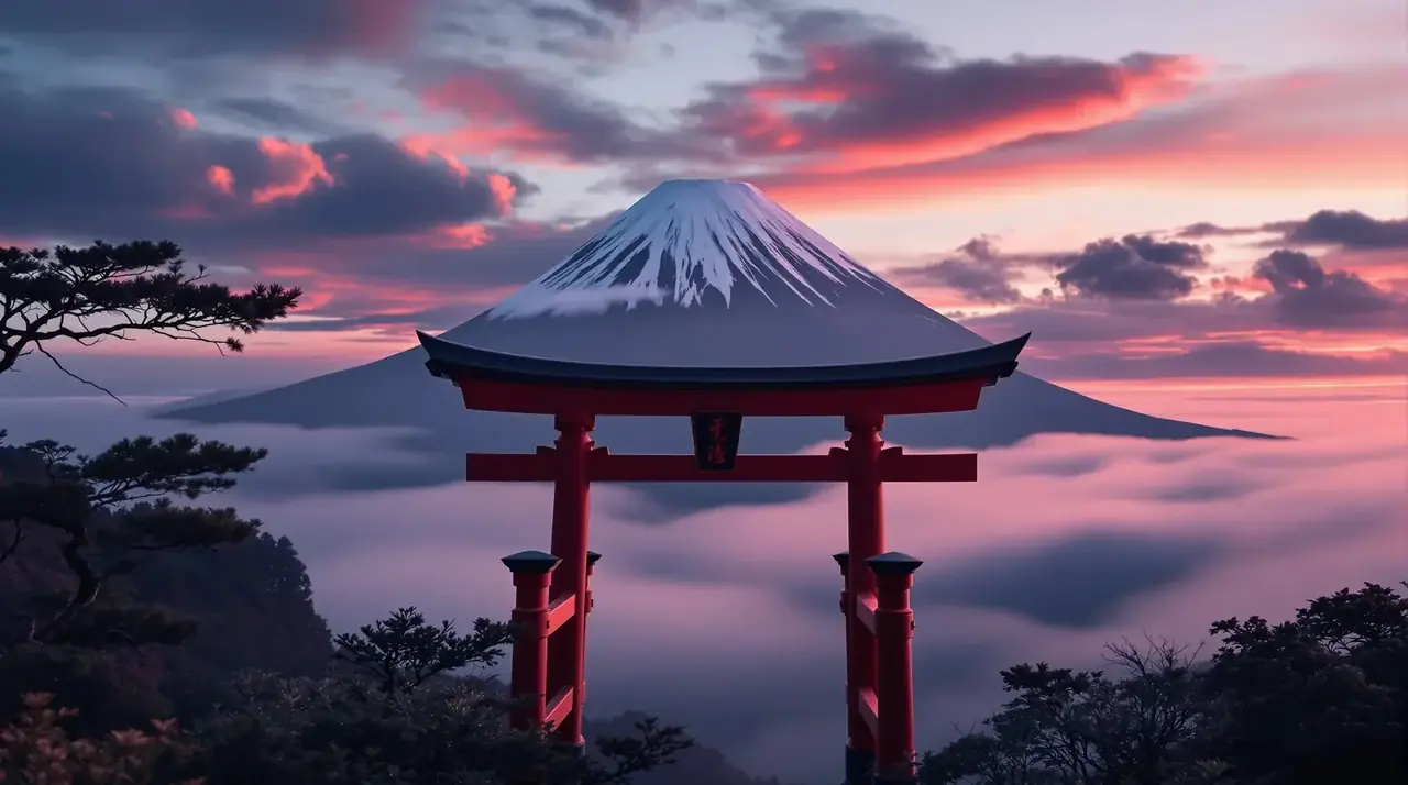 宅男影视杂志封面，朱红鸟居与富士山
